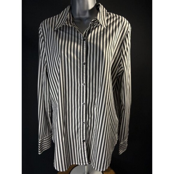 Worthington Button Up Collared Cuffed Long Sleeve Shirt Grey Black White Striped - Picture 2 of 16